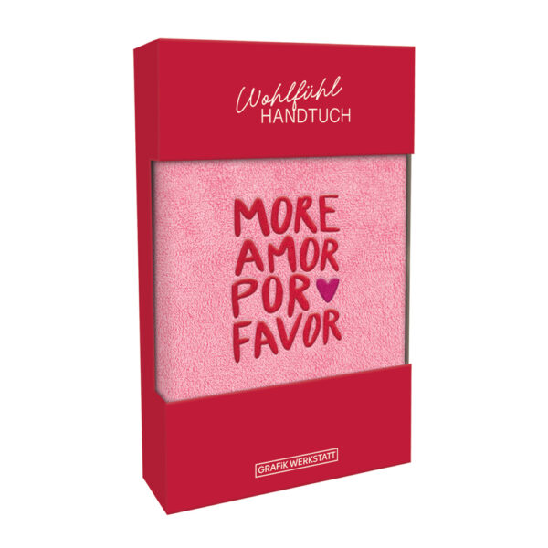 Grafikwerkstatt Wohlfühl-Handtuch More Amor Por Favor, rosa Gästehandtuch mit roter Stickerei und Herz in roter Geschenkbox