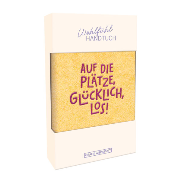 Grafikwerkstatt Wohlfühl-Handtuch Auf die Plätze glücklich los, gelbes Gästehandtuch mit lila Stickerei in cremefarbener Geschenkbox
