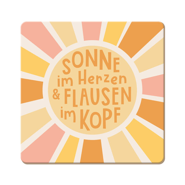 Grafikwerkstatt Korkuntersetzer Sonne im Herzen und Flausen im Kopf mit Sonnenstrahlen in Apricot und Gelb