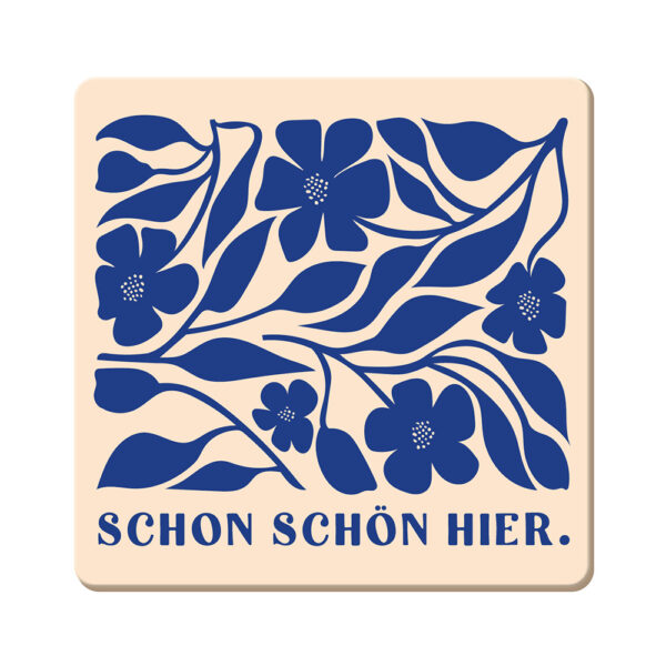 Grafikwerkstatt Korkuntersetzer Schon schön hier, creme mit kobaltblauen Blüten und blauer Schrift