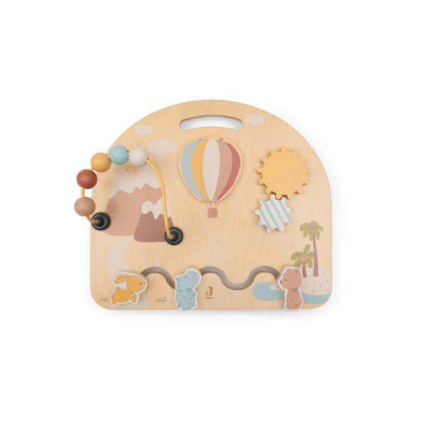 Jollein Holz-Aktivitätenboard Jollies, Vorderansicht mit Perlenschleife, Zahnrädern, Heißluftballon und Tierpfad