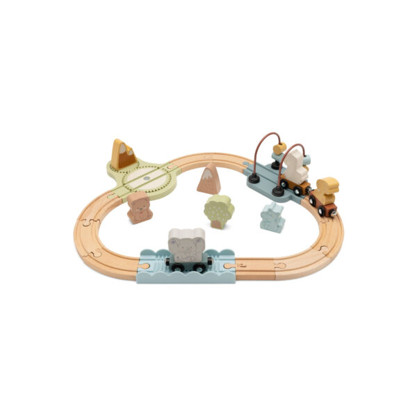 Jollein Holz-Eisenbahnset Jollies, aufgebaute Rundstrecke mit Brücke, Drehscheibe, Waggons und Spielfiguren