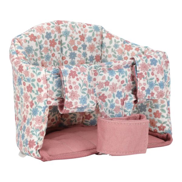 Little Dutch Puppen Fahrradsitz in Rosa mit Blumenprint, per Klettverschluss am Lenker eines Laufrads befestigt