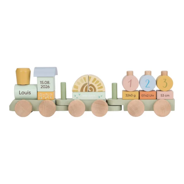 Stofftiger Little Dutch Holz Eisenbahn mit Steckformen Safari Friends personalisierbar als Geschenk zu Geburt, Geburtstag oder Taufe