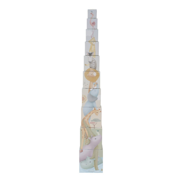 Stofftiger Little Dutch Stapelturm Safari Friends aus Karton mit bunten Motiven und Zahlen, als Geschenk zu Geburt, Taufe oder Geburtstag, auch als Dekoration für Kinderzimmer
