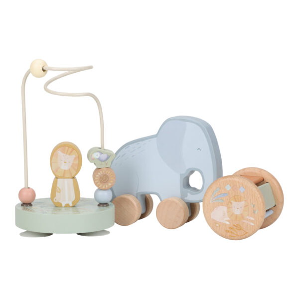 Stofftiger Little Dutch Holz Geschenkset Safari Friends mit 3 verschiedenen Spielsachen personalisierbar Aktivitätenspirale Nachziehtier und Rassel, als Geschenk zu Geburt oder Taufe