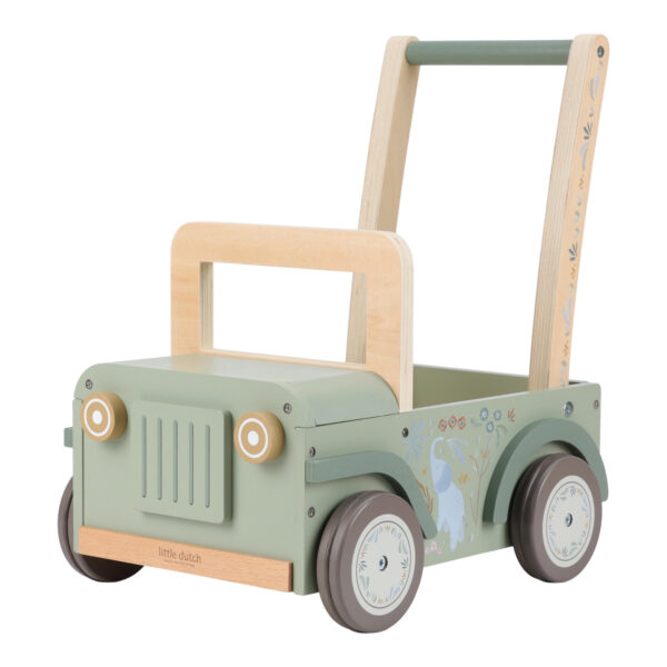 Stofftiger Little Dutch Holz Schiebewagen Jeep Safari Friends als Lauflernwagen mit Ablage für Spielzeug, als Geschenk zu Geburtstag, Ostern oder Weihnachten