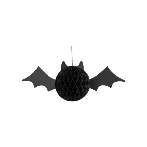 Schwarze Wabendeko in Fledermausform von PartyDeco als Hängedeko für Halloween, Stofftiger