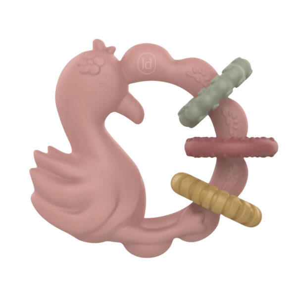 Beissring Flamingo Safari von Little Dutch aus rosa Silikon mit Ringen in Salbeigrün, Beerenrot und Ocker